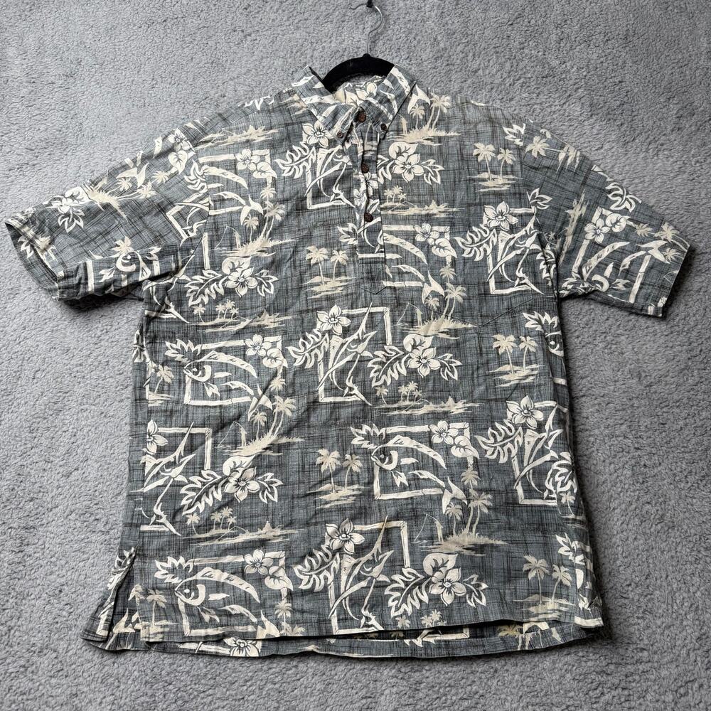 Bishop St Shirt Men's Large Gray Aloha Hawaiian Button Front Short Sleeve